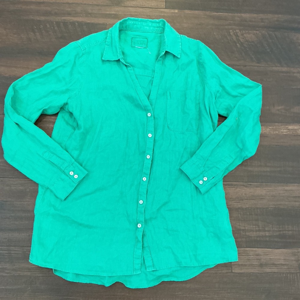 Sigrid Olsen Linen Shirt Emerald Green Button Down Roll Tab Long Sleeve Small